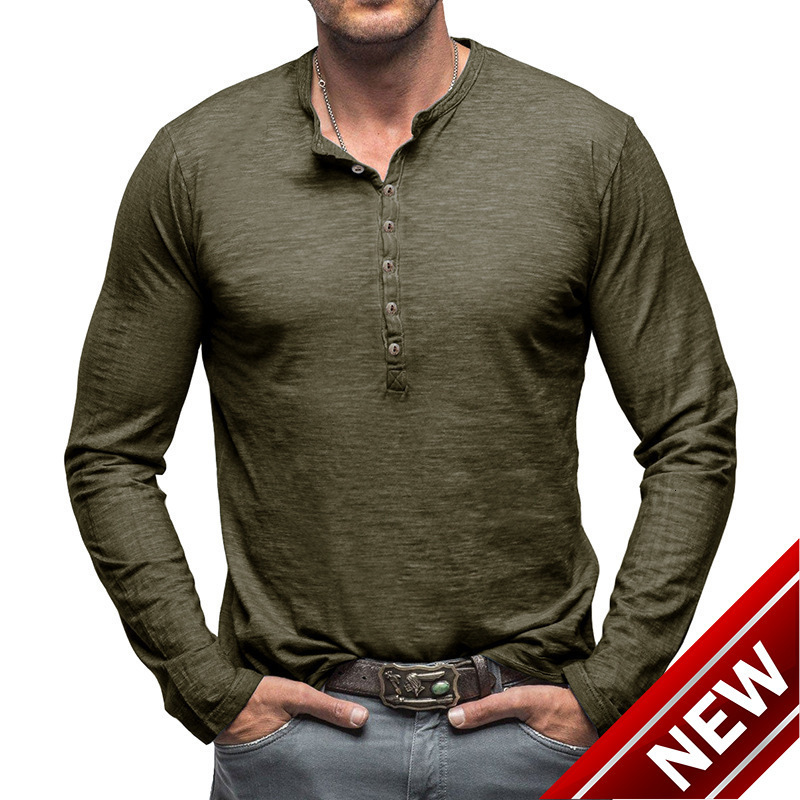 Mens bamboo cotton long sleeved T-shirt for mens 2024 autumn and winter mens Henry shirt pure cotton mens T-shirt