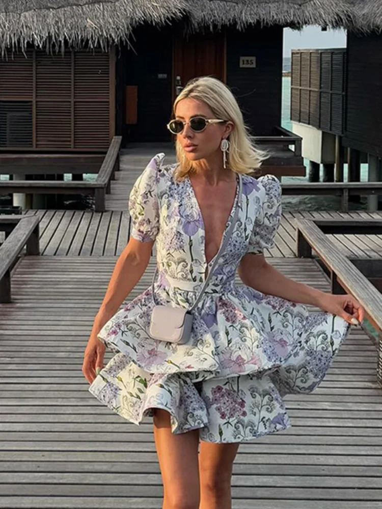 Womens elegant pleated party dress fashionable blue print fluffy laminated mini sexy deep Vneck short sleeved Aline vest 250414