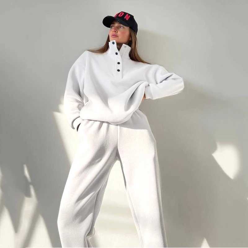 2024 new womens casual sportswear solid color stand up collar Fe hooded sweatshirt sports pants two-piece setXJ250414