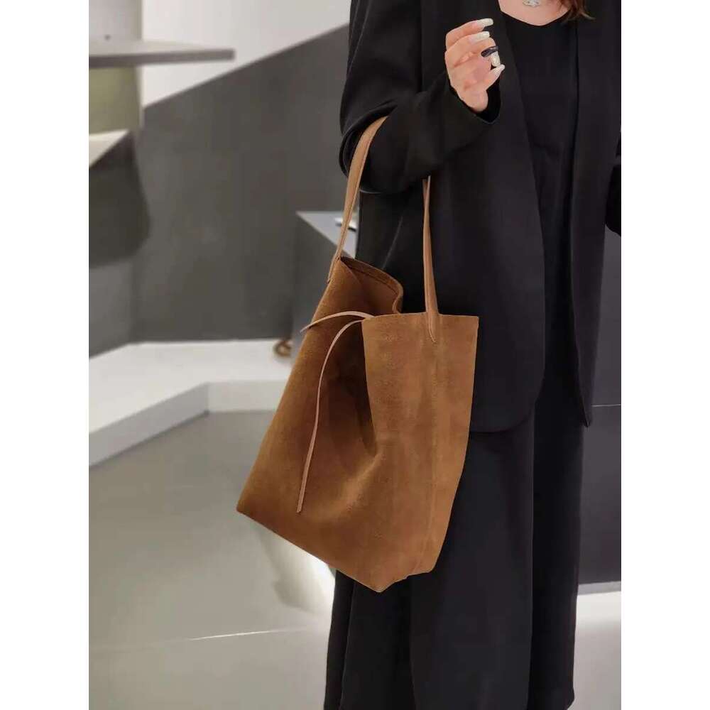 Retro Niche Design Glossy Cowhide Suede Leather Bucket Tote 2 Sizes Deep Grey Women Handbag Buckskin Commter Shoulder Bag