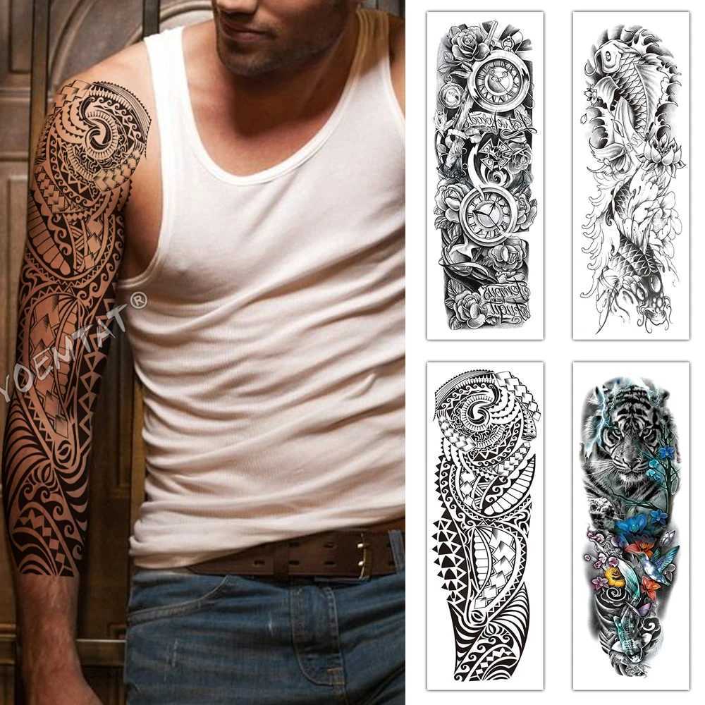 Large Full Sleeve Waterproof Temporary Tattoo Stickers Watch Rose Gothic Text Carpet Totem Fake Tattoo Body Art MenXJ25414