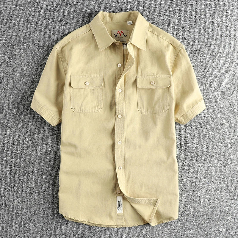 2024 Summer American Retro Short Sleeve Collar Cargo Shirt Mens Simple 100 Cotton Laundry Double Pocket Casual Top 250411