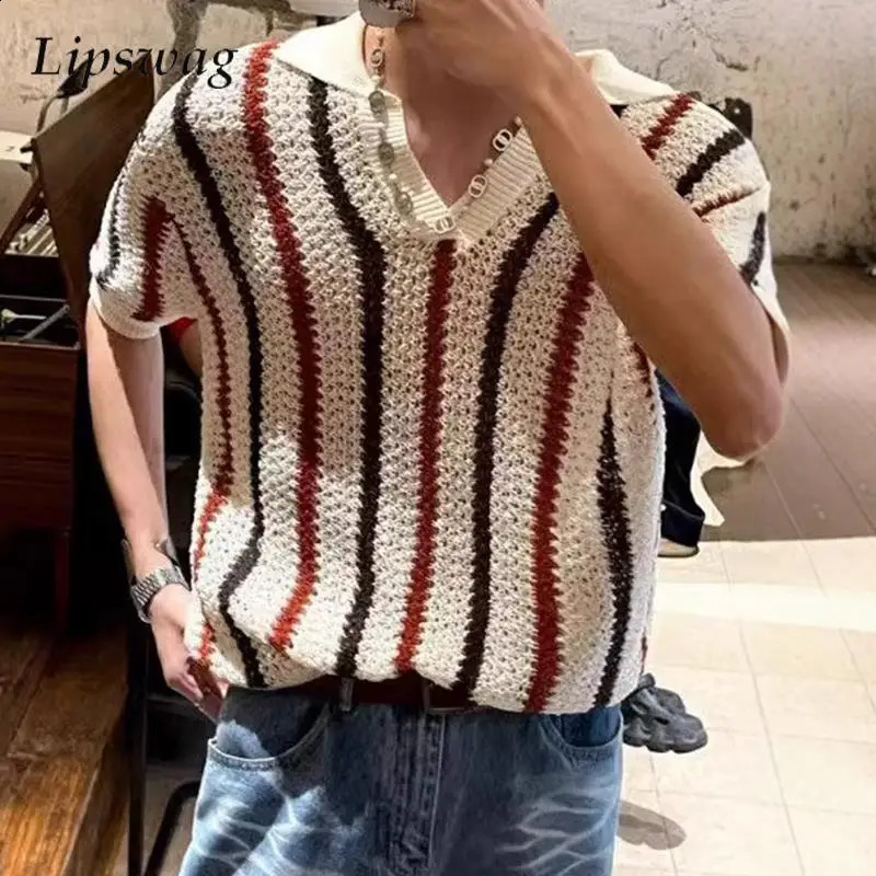 Streetwear Vintage Y2K Mens Tops Spring Summer Stylish Striped Hollow Out Polo Shirt For Men Casual Short Sleeve Lapel T Shirts 250411