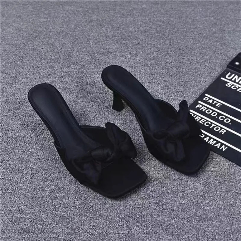 Bow Womens Mule Slippers Outdoor Square Thin Toe High Heels Sandals Party Dress Slippers 250411