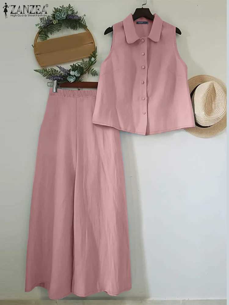 2025 ZANZEA Summer Cashless Shirt Wide Leg Pants Set Ele OL Matching Set 2-piece Womens Dress Casual Loose Mens SetXJ250414