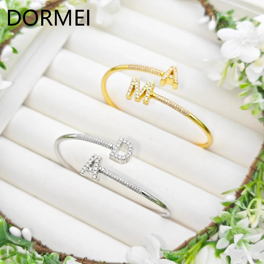 DOREMI Elegant Women Custom Initial Letters Charms Bracelet Full Cz Letters Staggered Bangle 250408