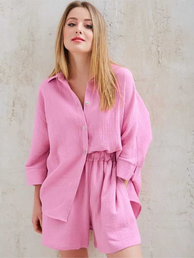 Womens summer outfit new pure cotton warm city casual solid color long sleeved short sleeved shirt set two-piece setXJ250414