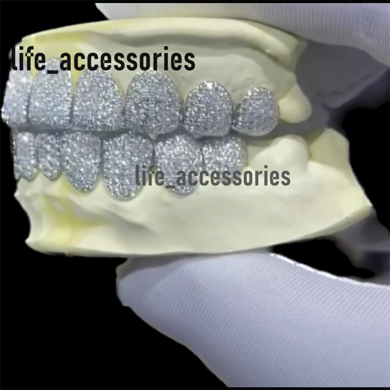 Custom Made Shining 6 Top and 6 Bottom Iced Out Grillz Hip Hop Bling Zig Set VVS Moissanite Diamond Teeth Grillz