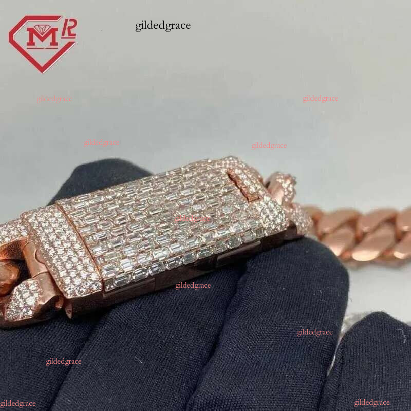 Rappers 24mm Iced Out Rose Gold Emerald Cut Moissanite Cuban k Mens Hip Hop Miami Chain