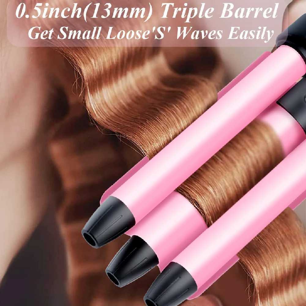 RUCHA Mini Three Barrel Hair Curler Iron Curling Wand 13mm for Home and Travel Ceramic Tourmaline Hair Waves CurlsT251114