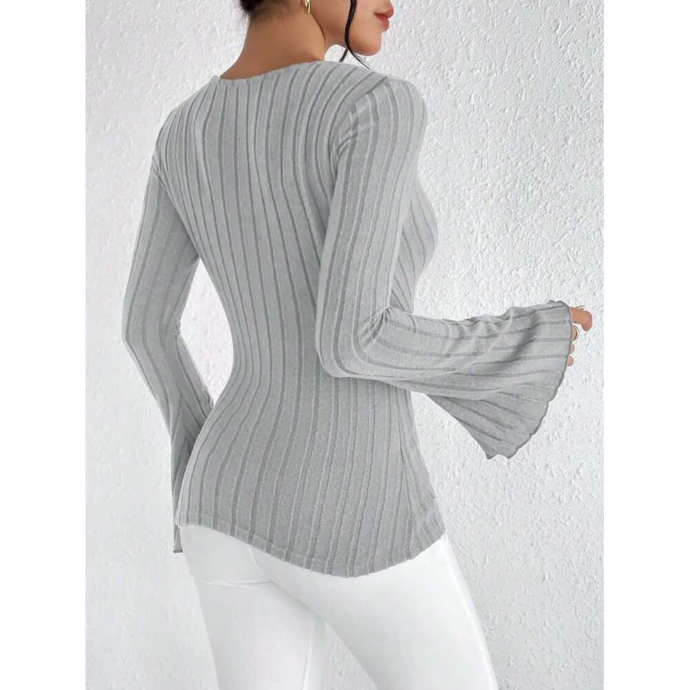 new autumn/Winter V-neck solid color sexy fashion design sense slim long sleeve knitted women's T-shirt