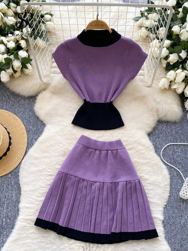 SINGREENY Streetwear Knitted Beach Set O-neck Short Sves Elastic Slim Top+Short A-line Skiing Hotweek Casual Two Piece SetXJ250414