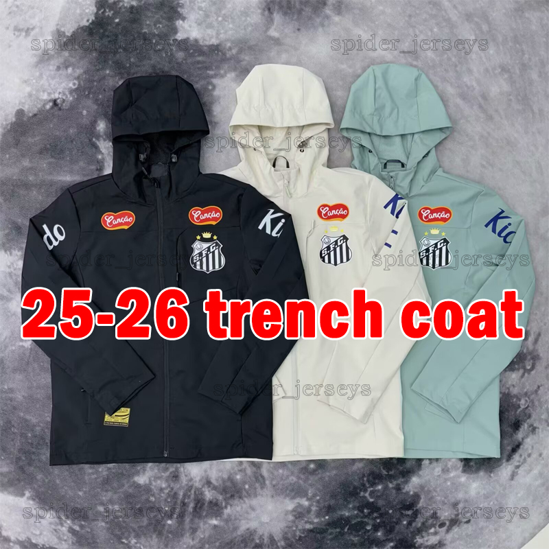 4XL 25 26 Santos Futebol Clube Windbreaker Soccer Jerseys trench coat Long sleeves green black white Hooded hood Zipper jacket Men Shirts 2025 2026 GUILHERME Shirts