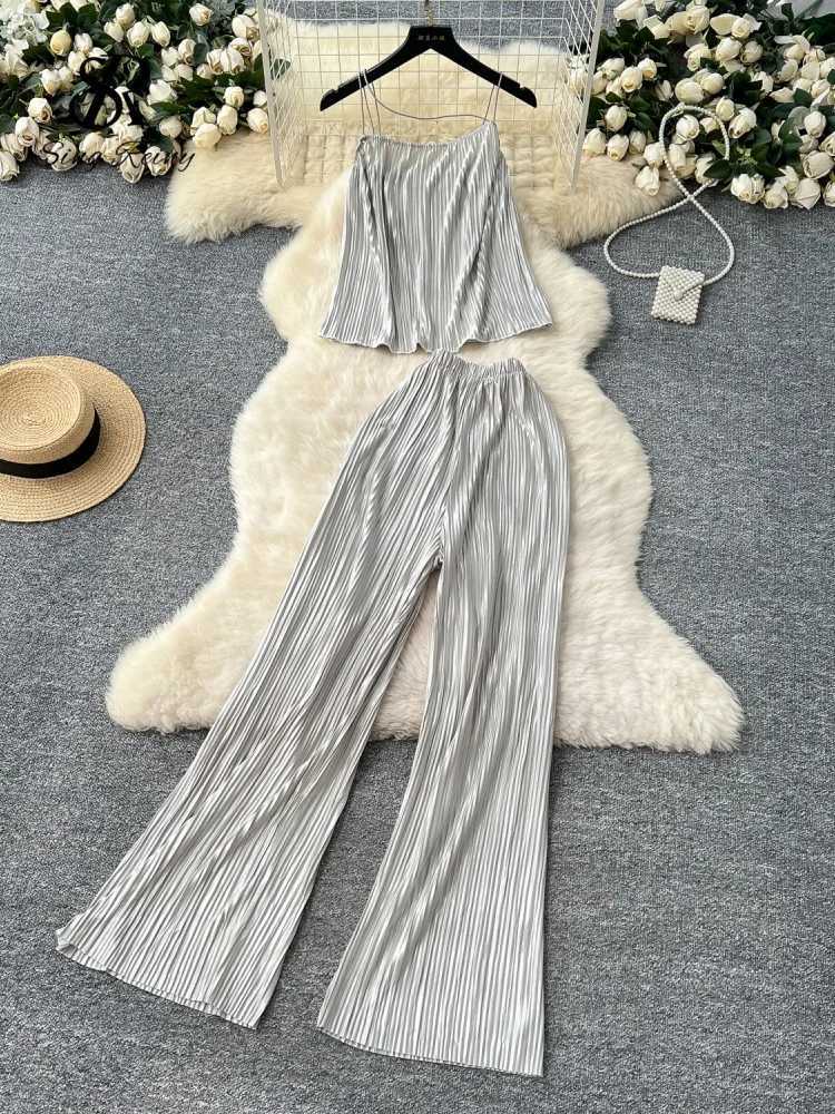 SINGREENY Womens Summer Casual Two Piece Set with Waist Belt Loose Top+Elastic Wide Leg Pants Bohemian Chic Folded Home ClothesXJ250414