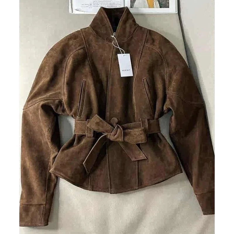 Womens Clothing Coffee Brown Suede Velvet Fitted Waist Short Jacket Korean Style Light Mature Style Windproof Trench Coat 251106
