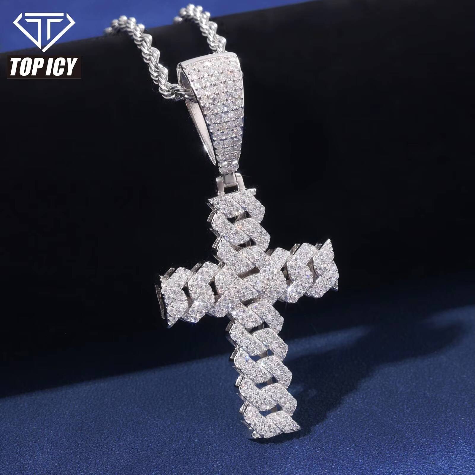 Fine 925 Sterling Silver Paved Diamond 2 Rows Cross Pendant Hip Hop VVS D Moissanite Diamond Pendant Necklace for Unisex