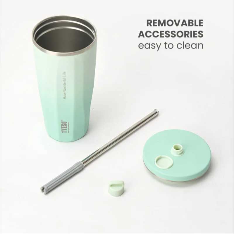 TYESO 600ml Thermos Water Bottle Stainless Steel Coffee Cup with Straw Gradient Keeps Cold and Heat Insulated Car Thermos Mug C251114