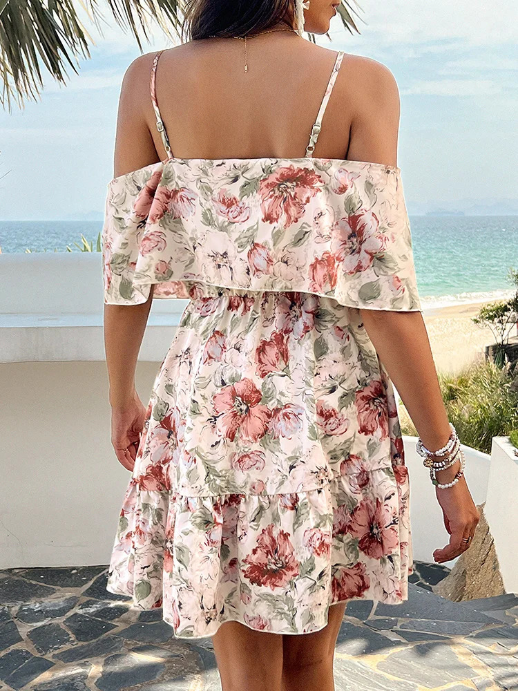 2025 Trend Fairycore Pendant Mini Dress Flower Printed Double Flow Romantic Holiday Shoulder Beach Wear 250414