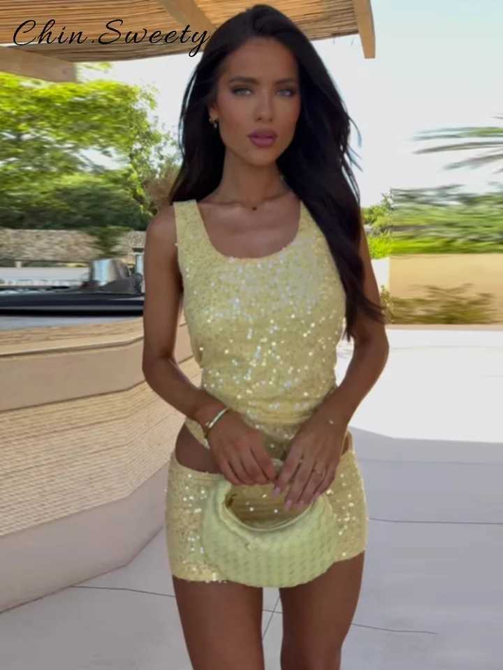 Sexy Sequined A-line Skirts Sets Womens Square Collar Strapless Top Mini Skirt 2025 Spring/Summer Womens High Street SetXJ250414