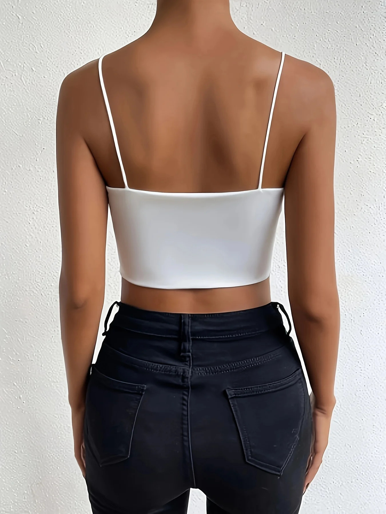 Fashionable solid spaghetti shoulder strap Cami crop top plain weave sleeveless backless n lightweight stylish and avantgarde womens clothing 250414Z