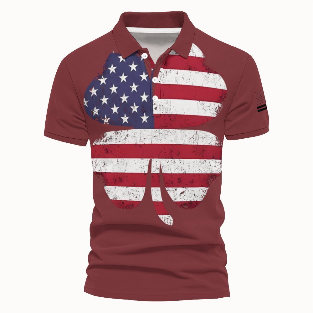 Digital printed button up collar t-shirt casual bird eye fabric top short sleeved men's polo shirt summer