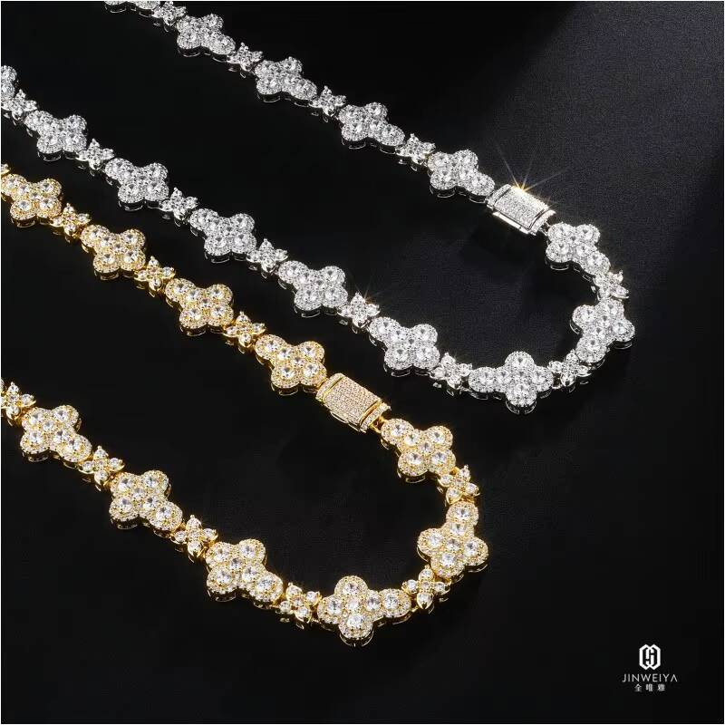 925 Sterling Silver Luxury Fine Jewelry Necklace 10mm Moissanite Cross Link Chain Four Leaf Clover Link Chain