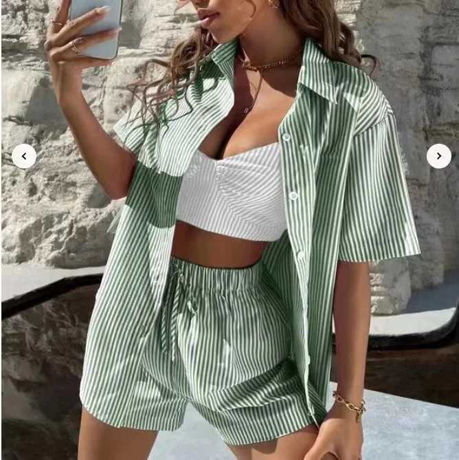 Womens striped printed two-piece short outfit spring casual revolving door collar half Sve shirt short outfit summer streetwearXJ250414