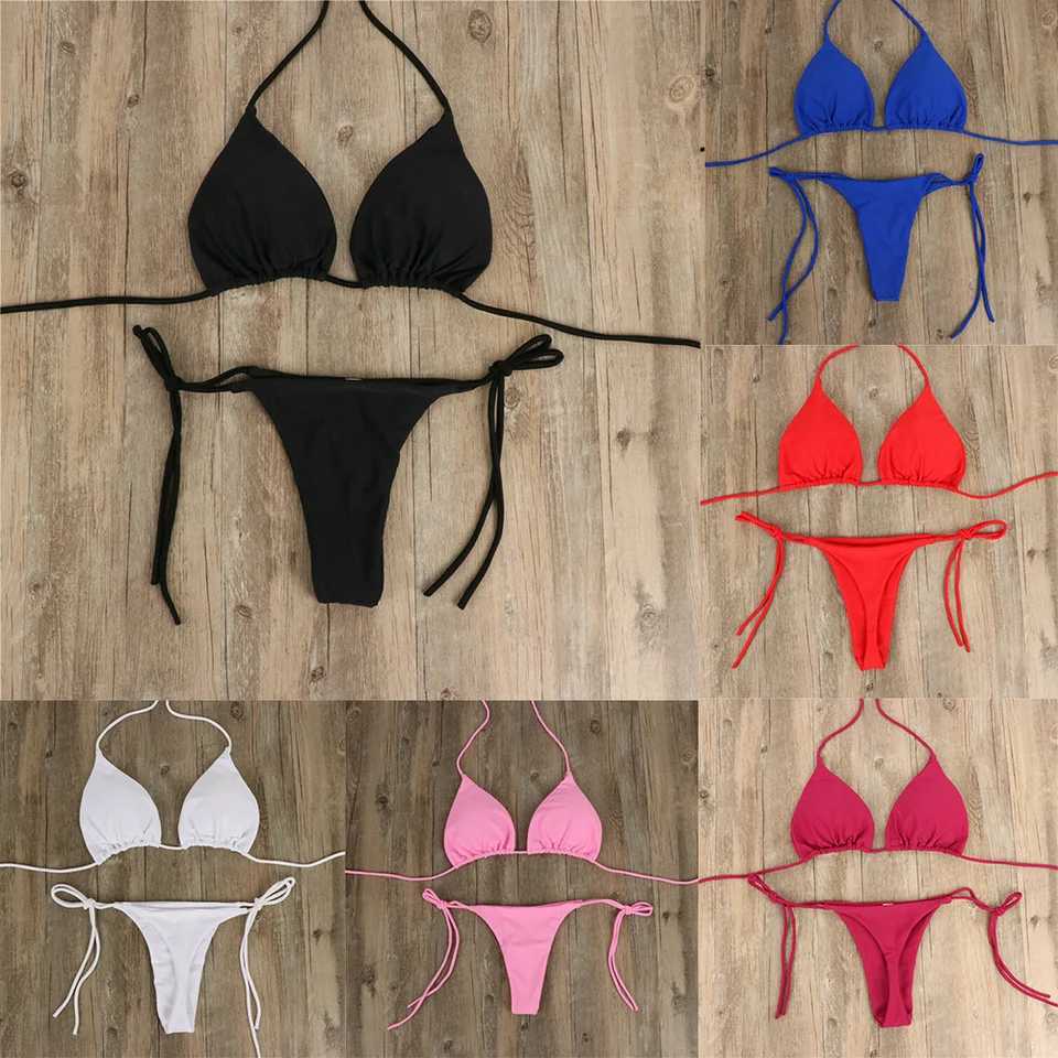 Women Thong Bikini Set Side Tie Sexy Swimsuit Bandage Style Swimwear Swimming Accessories Red/Blue/Black/White/Wine Red/PinkW251113