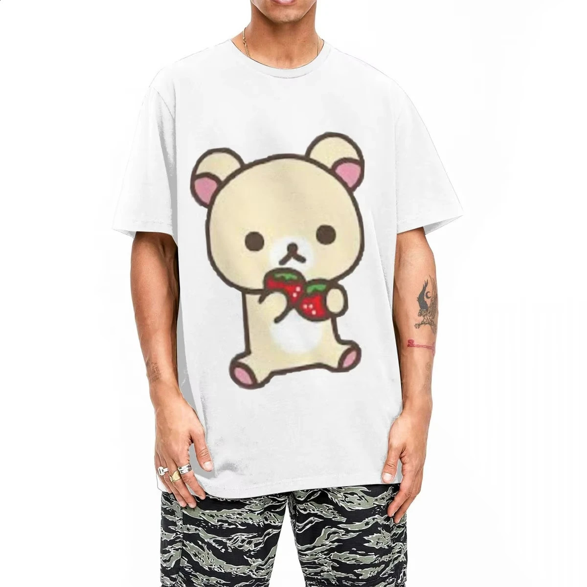 Leisure Rilakkuma Strawberry Tshirt Mens Round Neck 100 Cotton Animal Bear Short Sleeve Plus Size Top 250407