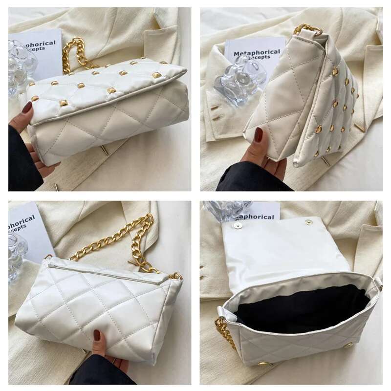 Trendy Chain Shoulder Fashion Plaid Pu Leather Underarm Bags For Women Rivet Flap Lady Handbags Designer Women's Bag