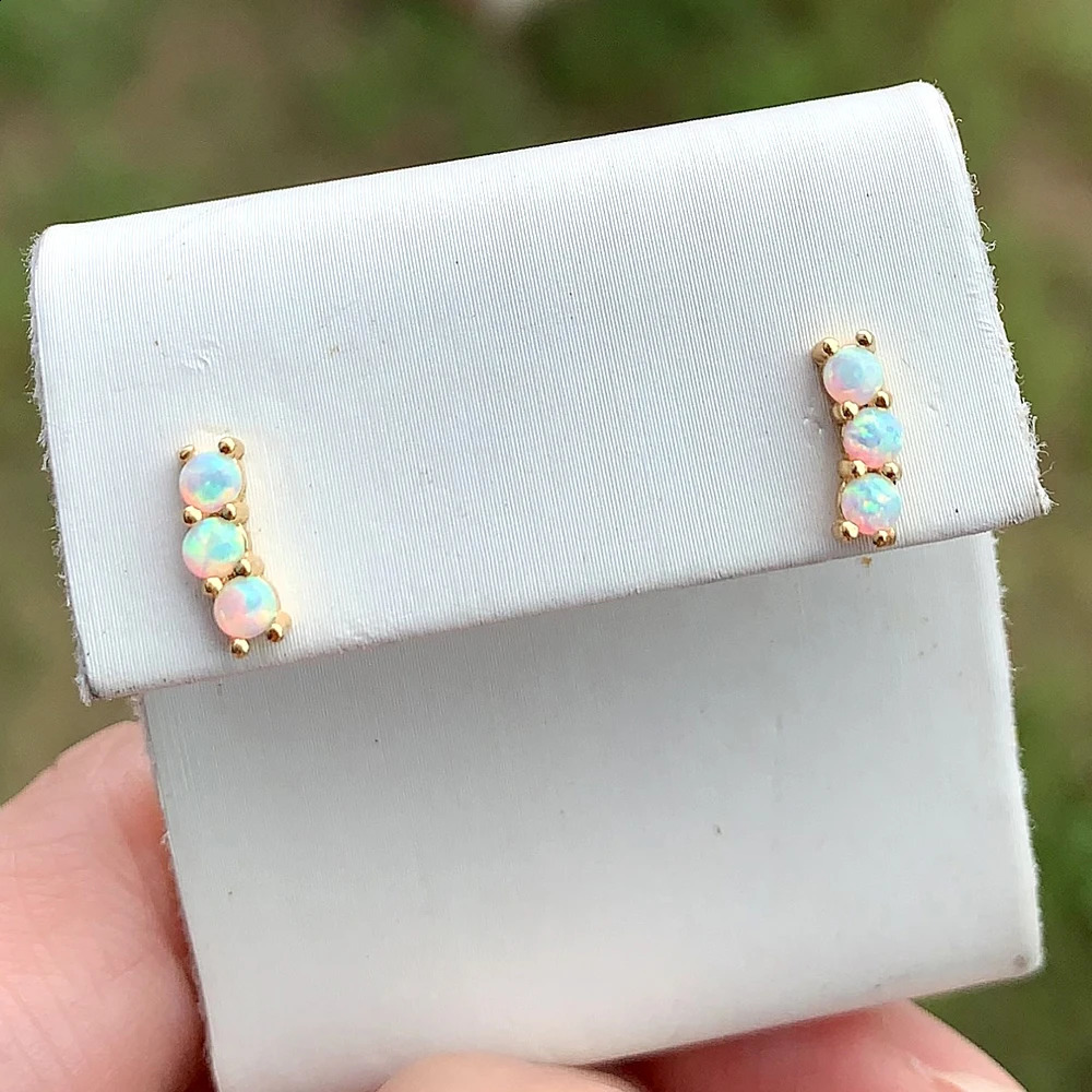 Minimum Delicate 925 sterling silver Micro Pave three white fire opal mini stud earrings 250409