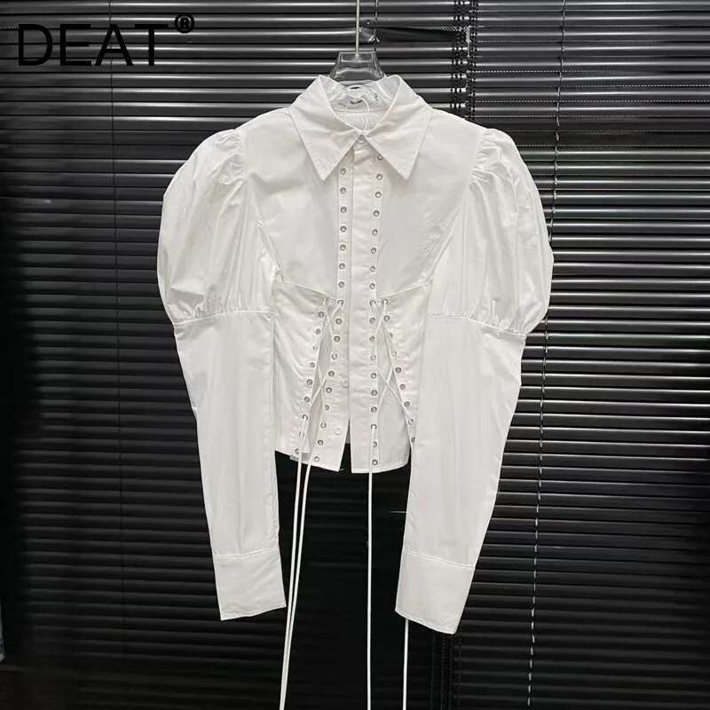 DEAT Fashion Women's Bandage Design Lantern Sleeves Blouse Solid Color Casual Lapel Short Shirts Female Trend New Items 11A02967