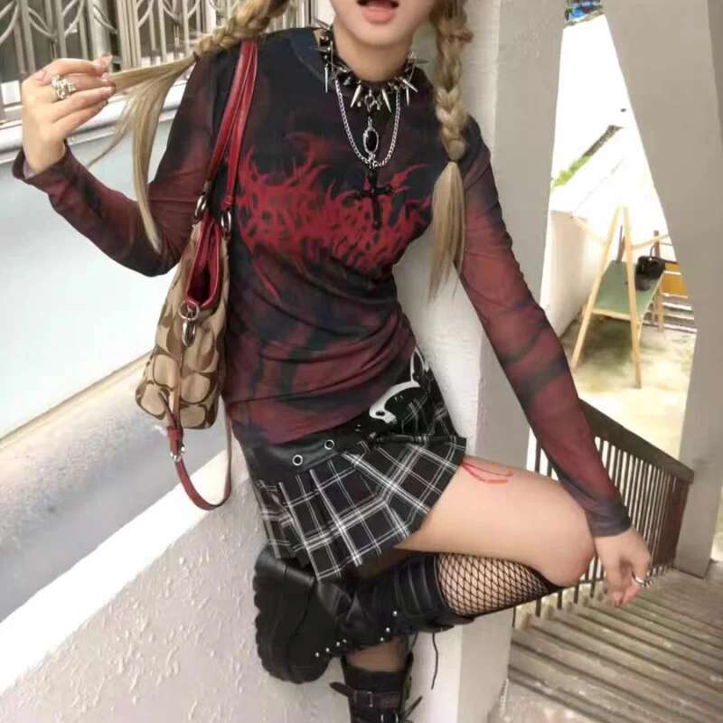 Grunge Aesthetics Print T-shirt Vintage Gothic Red Mesh Streetwear Women Top Y2k Long Sleeve Sheer Tops Punk