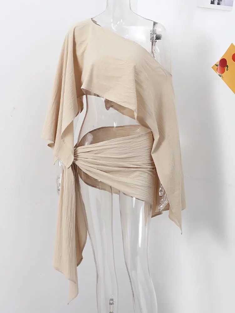 Sexy Solid Irregular Womens Ski Set Round Neck Flare Sve Crop Top Lace Mini Ski 2025 Summer New Fashion Womens SetXJ250414