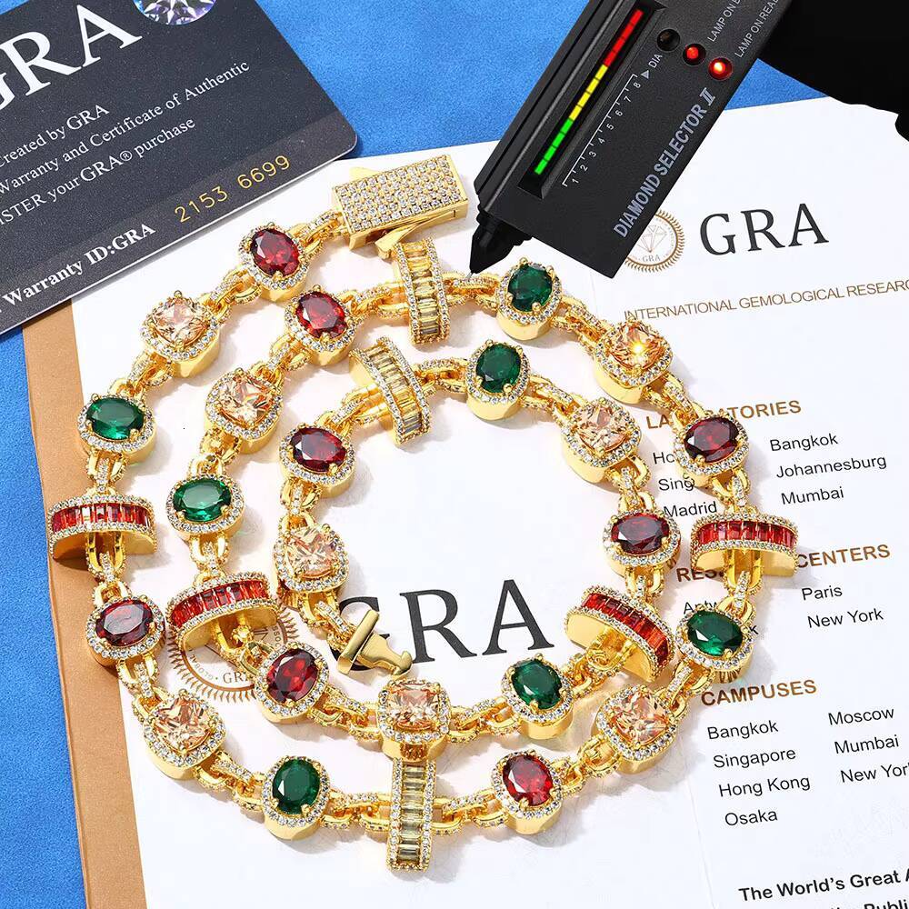 Manufacture OEM ODM Jewelry Multicolored Gem-set Link Chain Moissanite 925 Sterling Silver Women Men HipHop Link Chain Necklace