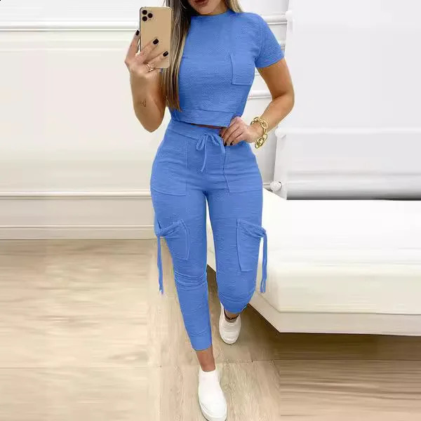 Tight Solid Color Two Piece Set Women Cropped T Shirt Slim Long Pants Pocket Ladies Sets 2025 Spring Summer Sportswear 250414