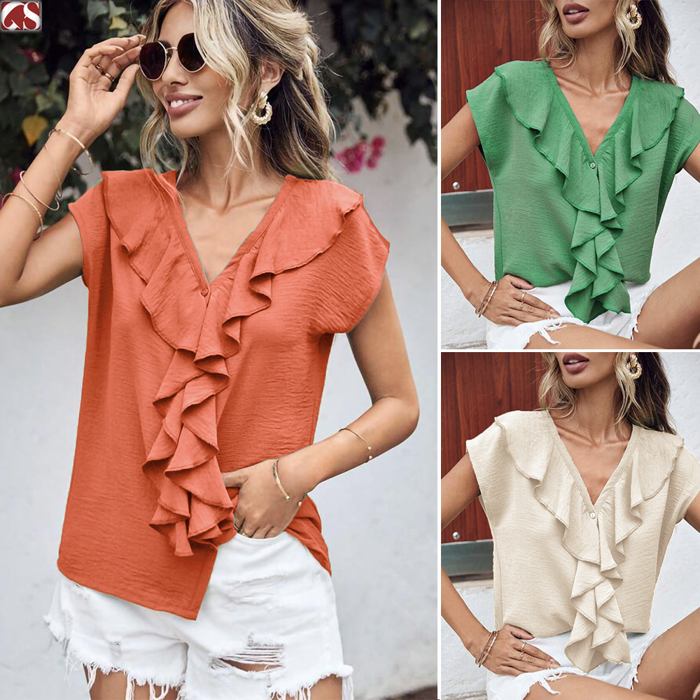 women's short sleeved V-neck ruffled cardigan loose casual shirt on the US platform