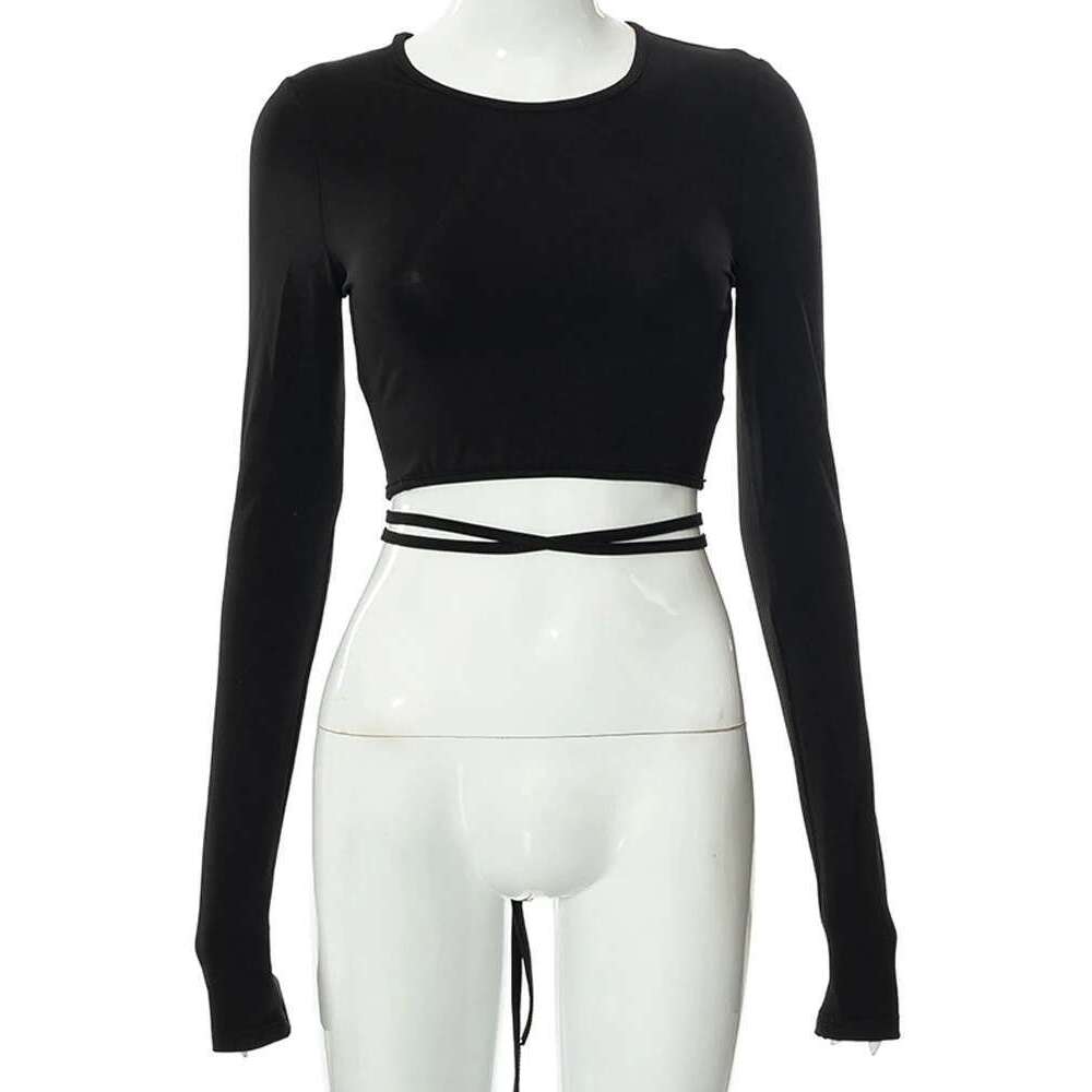 Sexy Backless Lace ups Pullover Tees Women Autumn Black O-neck Slim Longsleeve Short T-Shirt