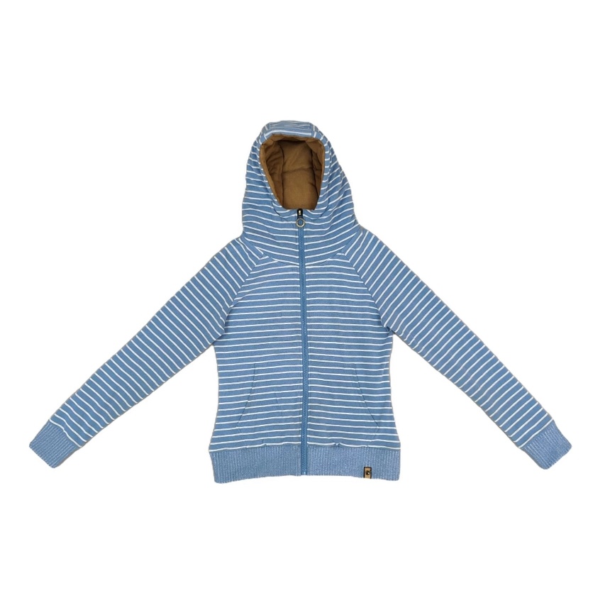 Women's Blue Striped Slim Fleece Zip Hoodie with Ribbed cuffs and hem Stand collar hood Filled hood Label patch for Daily Casual Wear