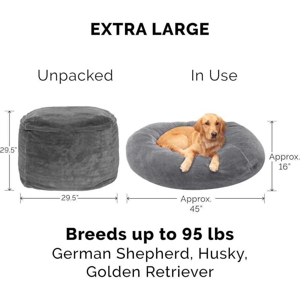 Soft & Cozy Dog Bed for Large Dogs, Refillable w/ Removable Washable Cover & Liner, For Dogs Up to 95 lbs - Plush Faux Fur Bean X250412