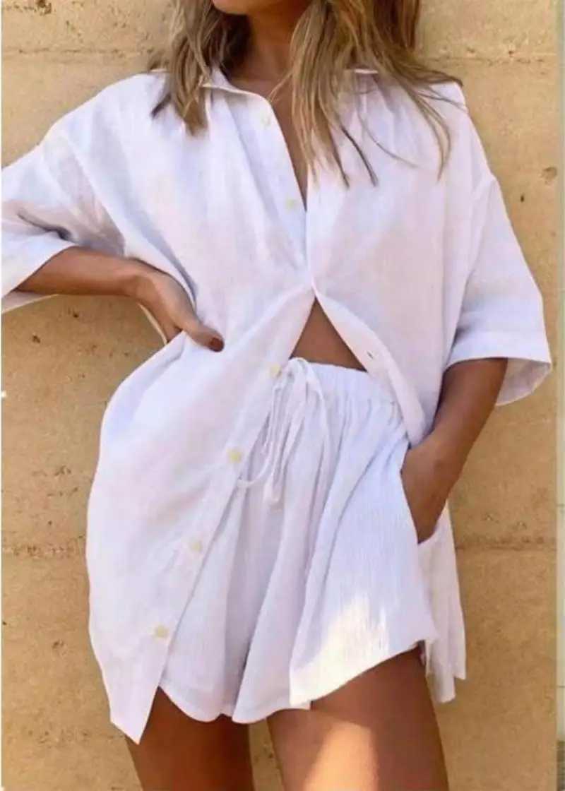 Temperament comber womens solid color single breasted short sved shirt loose and fashionable casual suitXJ250414