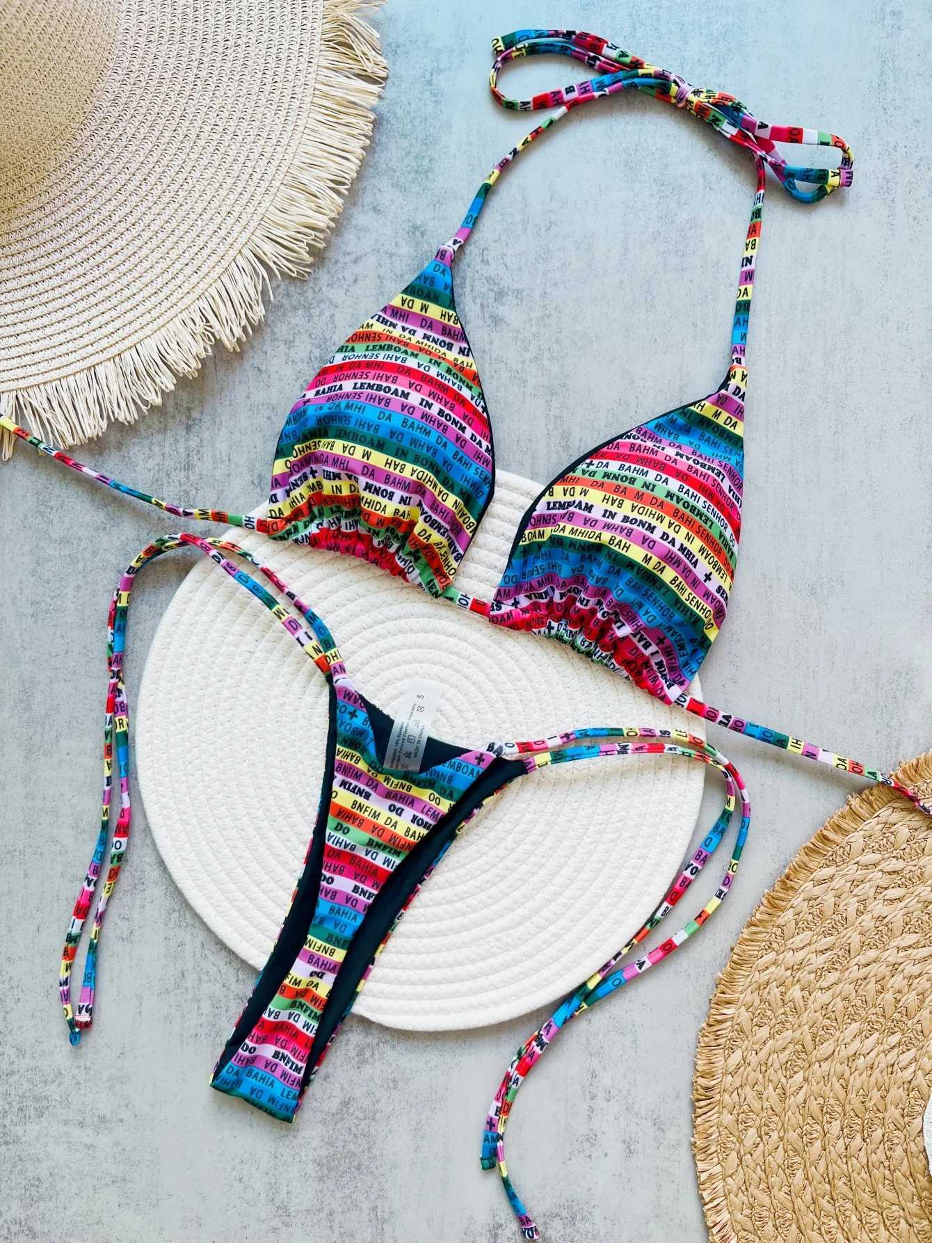 RUOTONSEPT Letters Printed Colorful Mini Thong Bikini Women Swimwear Female Swimsuit Two-pieces Bikini set Bather Bathing SuitW251113