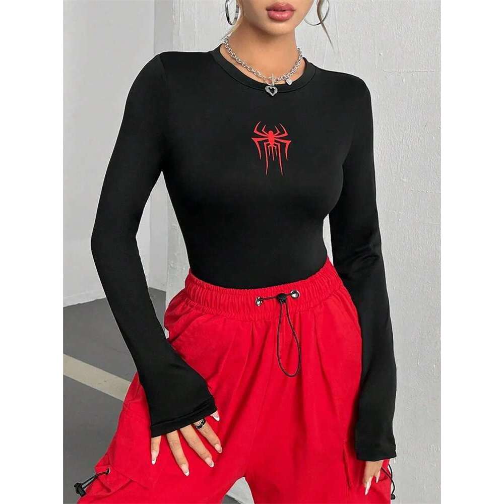 Women Spider Print Round Neck Long Sleeve Crop Tee Top Autumn Winter Spring Y2K Clothes Slim fit T-shirt