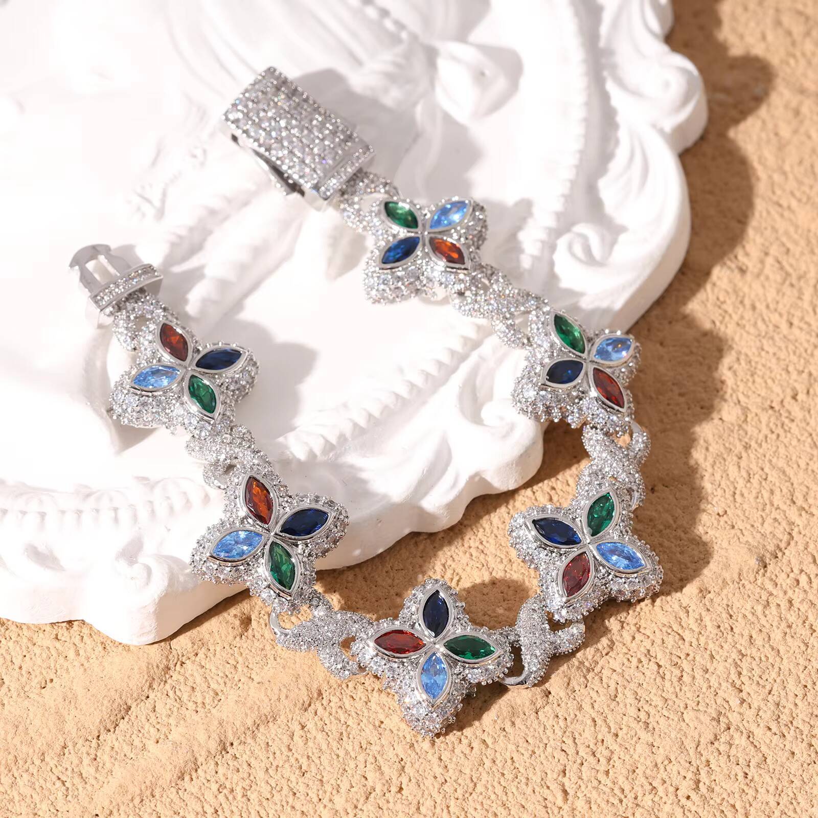 2025 New Arrival Hip Hop Pink White Colorful CZ Clover Bracelet Necklace Brass Iced Out Flower 5A Zircon Cuban Chain for Men