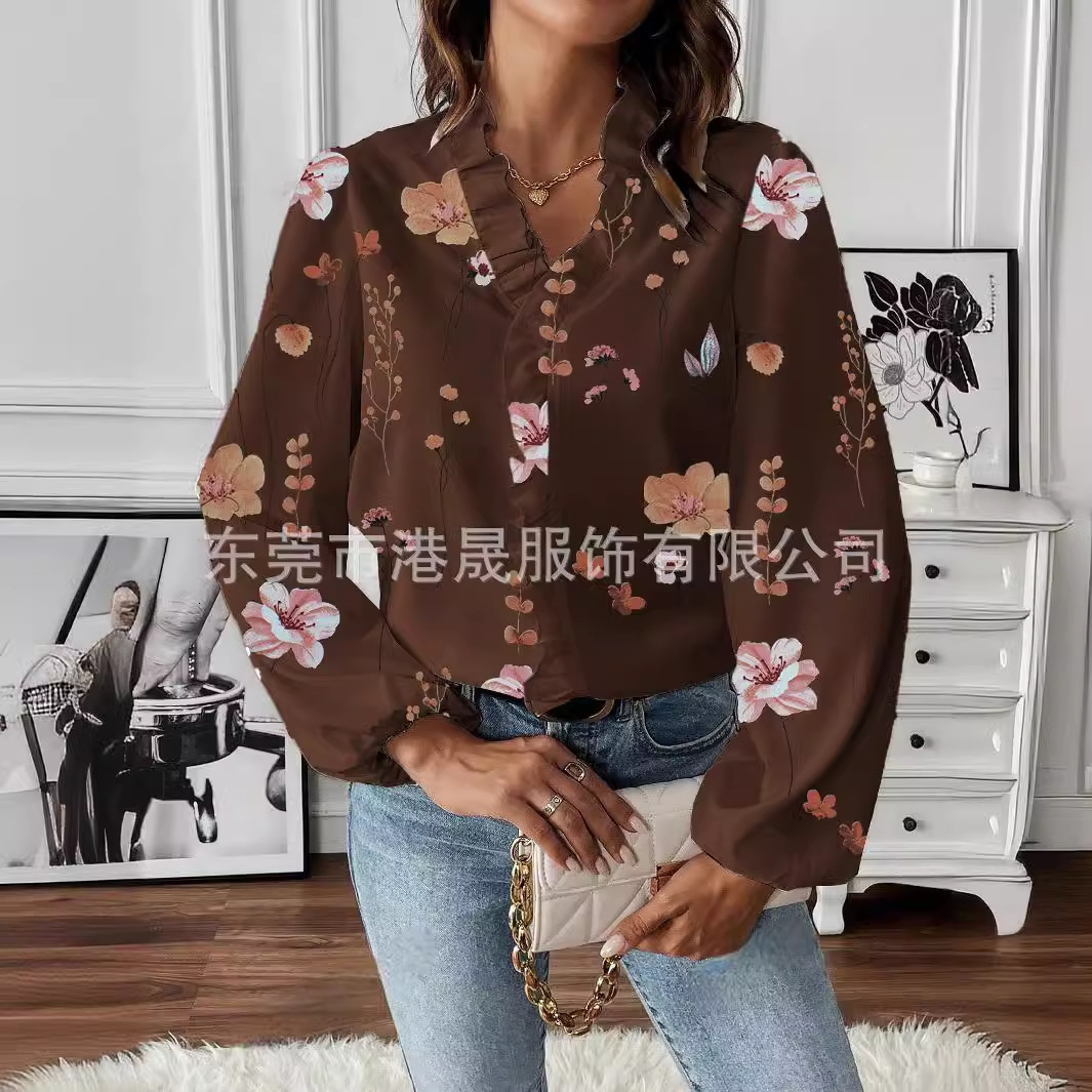Spring and Autumn Temu women's long sleeved shirt with ruffled V-neck printed temperament commuter top