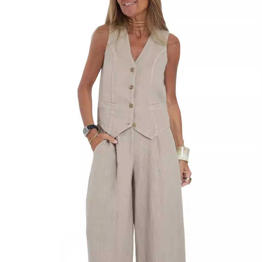 Spring and Summer Womens Cotton Linen Wide Leg Set Velvet Free Tank Top Pants Casual Fashion Set 2024 New EditionXJ250414