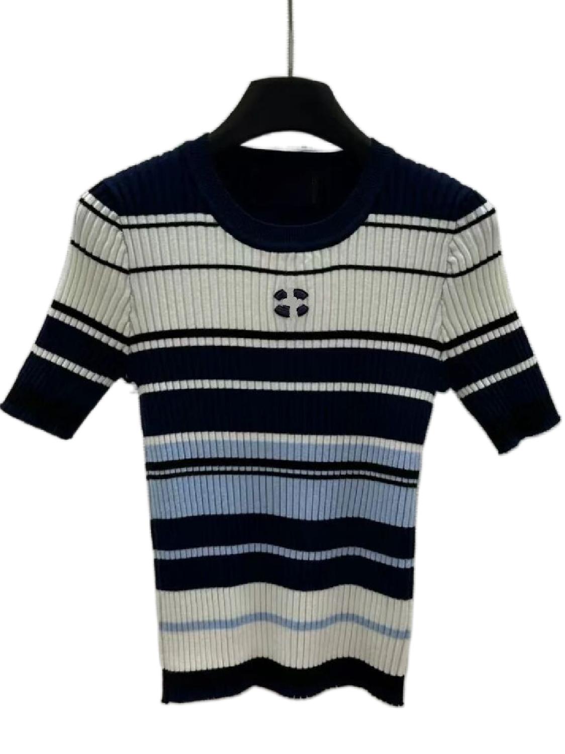 Women color block stripe o-neck short sleeve logo embroidery knitted tees SMLXL