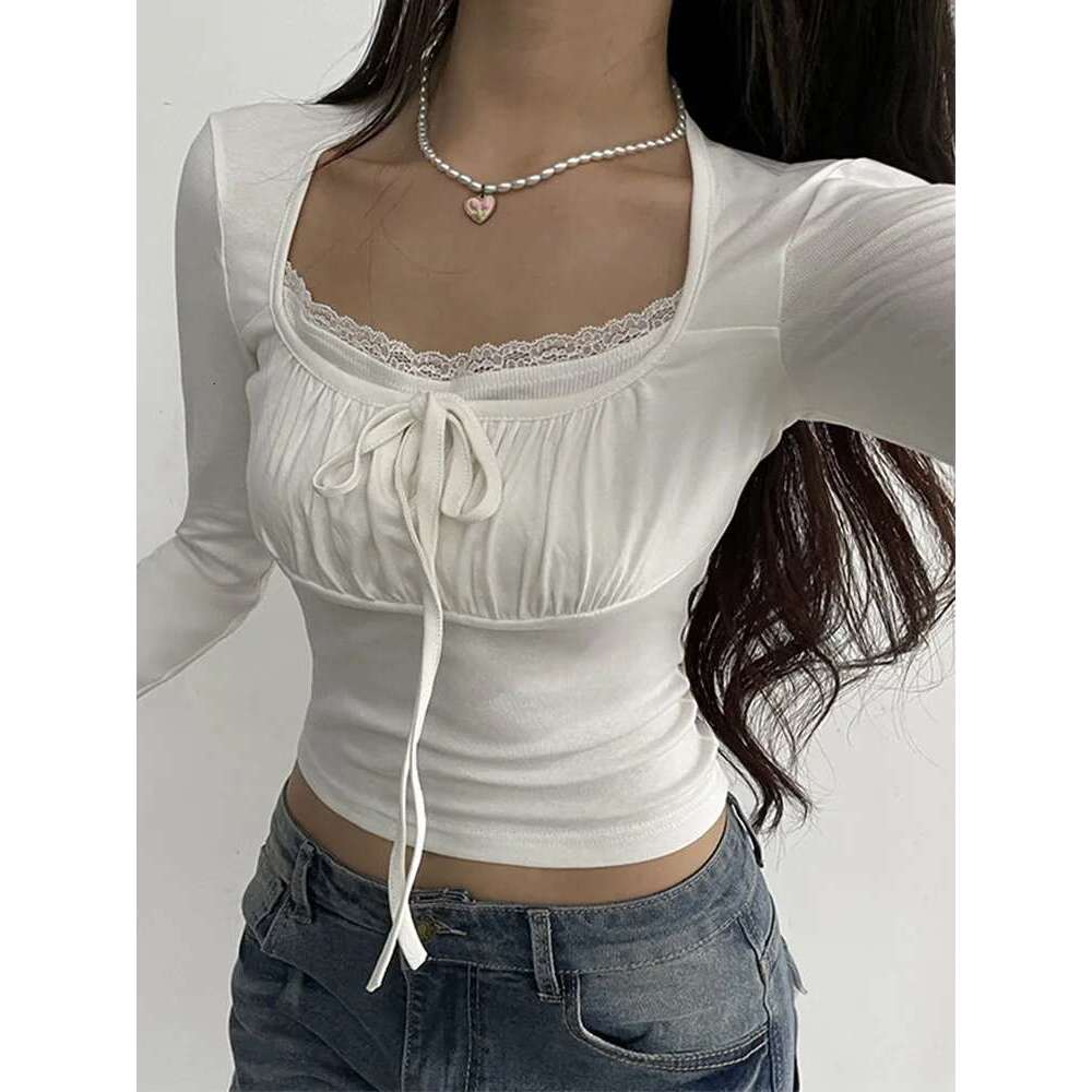 Bandage Folds Square Collar Crop Top Women Fairycore y2k White T Shirts Basic Knitted Elegant Tees Vintage 2000s Clothing
