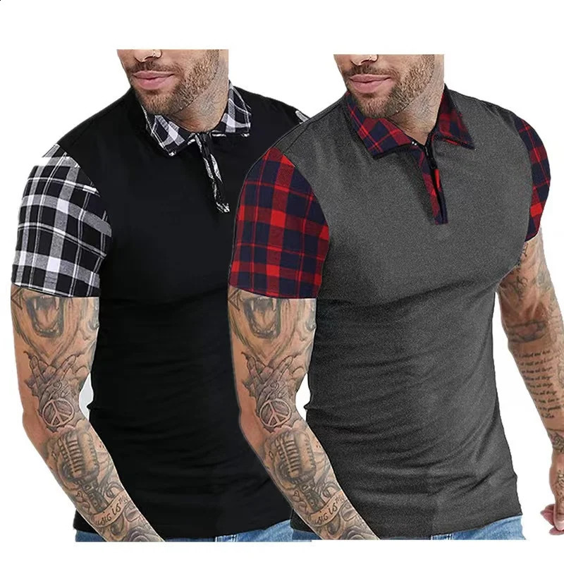 summer oversized mens checkered work short sleeved mens T-shirt casual solid color polo shirt 250409