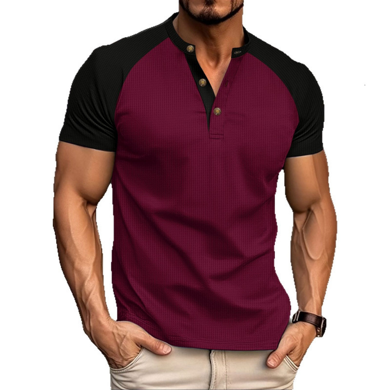 2025 Mens Summer Waffle Round Neck Short sleeved T-shirt with slim fit and breathable pullover for casual short sleeved wear